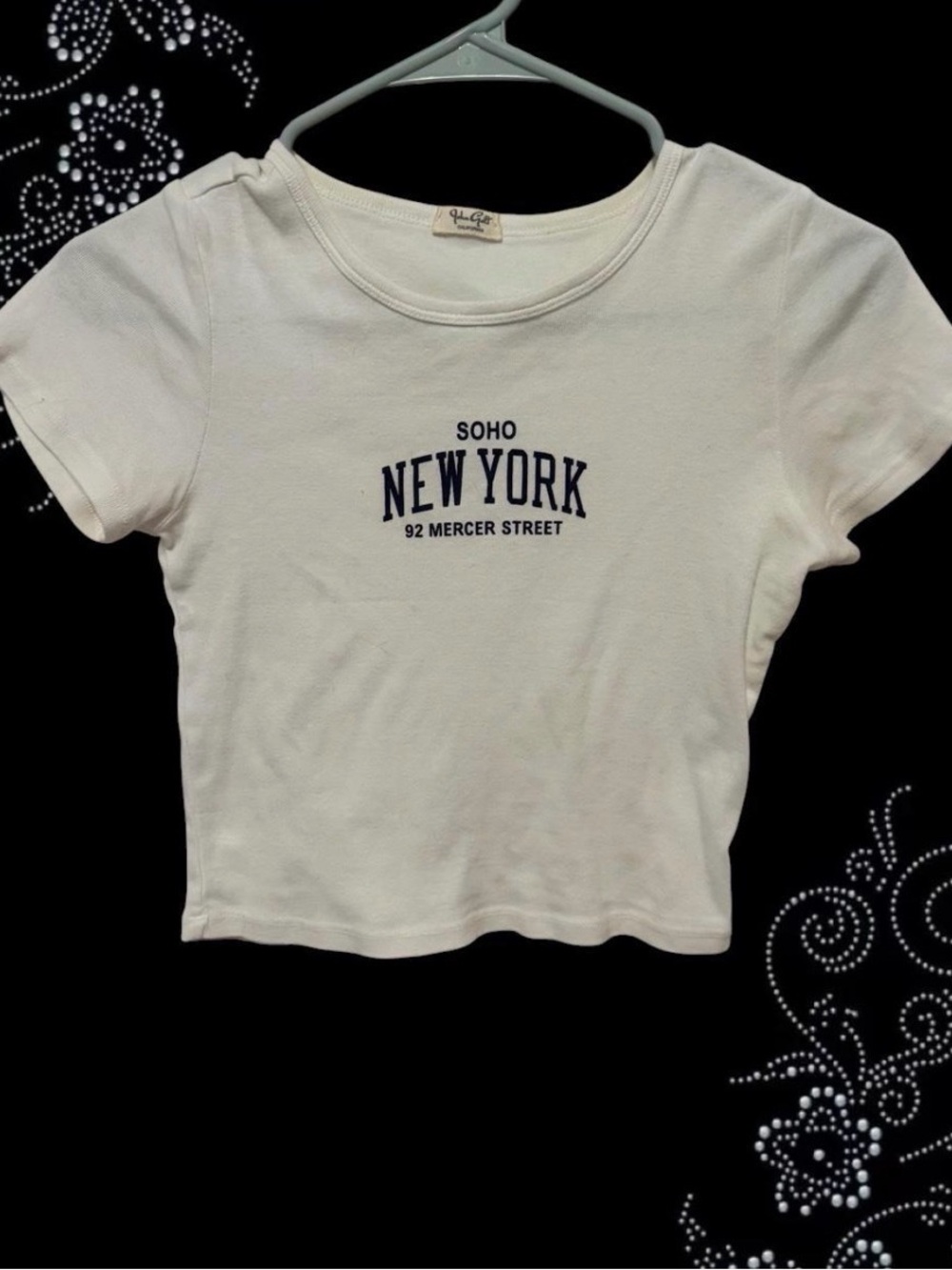Brandy Melville White Crop Tee with Navy "New York" Chest Graphic
